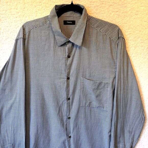 Theory Men's‎ Button Down Shirt XL Blue Gingham 100% Cotton Long Sleeve Collared - Picture 3 of 12